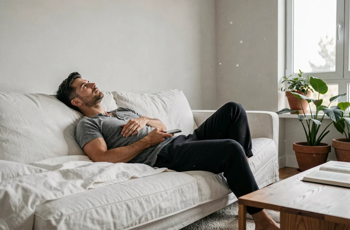 Homme allongé sur un canapé regardant le plafond dans un moment de réflexion, symbolisant la pensée intense envers une personne