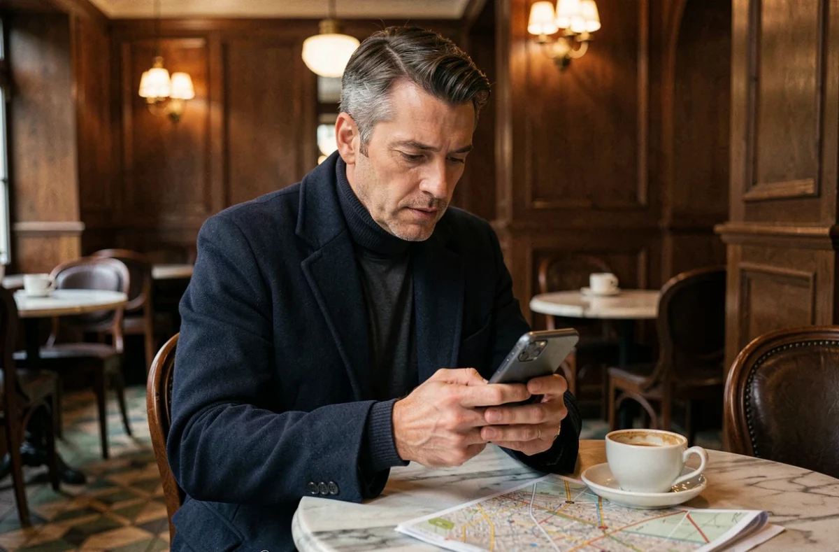Homme recherchant un bien immobilier sur smartphone dans un café brasserie de Bruxelles