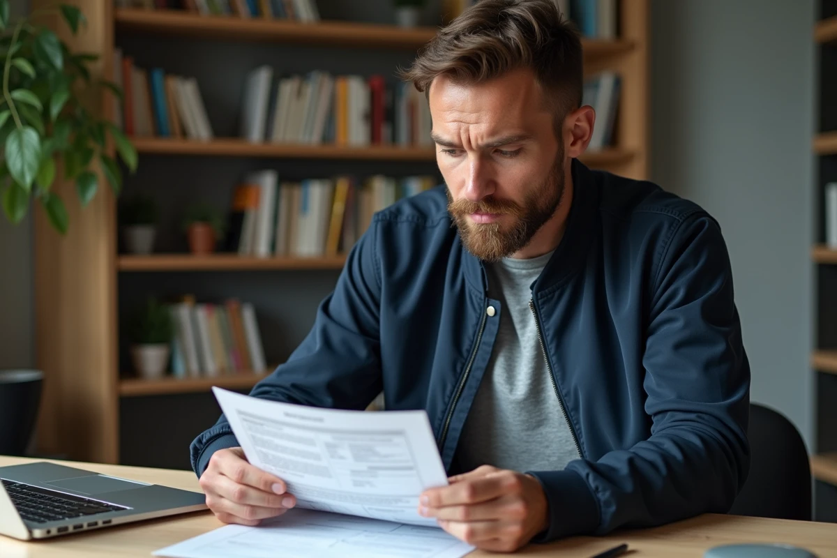 Homme examinant attentivement une carte grise française à son bureau à domicile