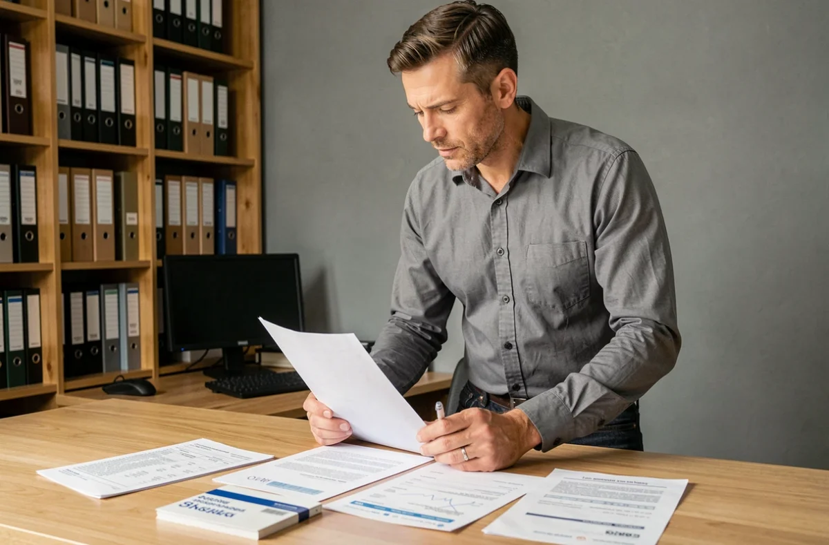 Homme vérifiant une liste de documents nécessaires pour louer un appartement dans un bureau à domicile