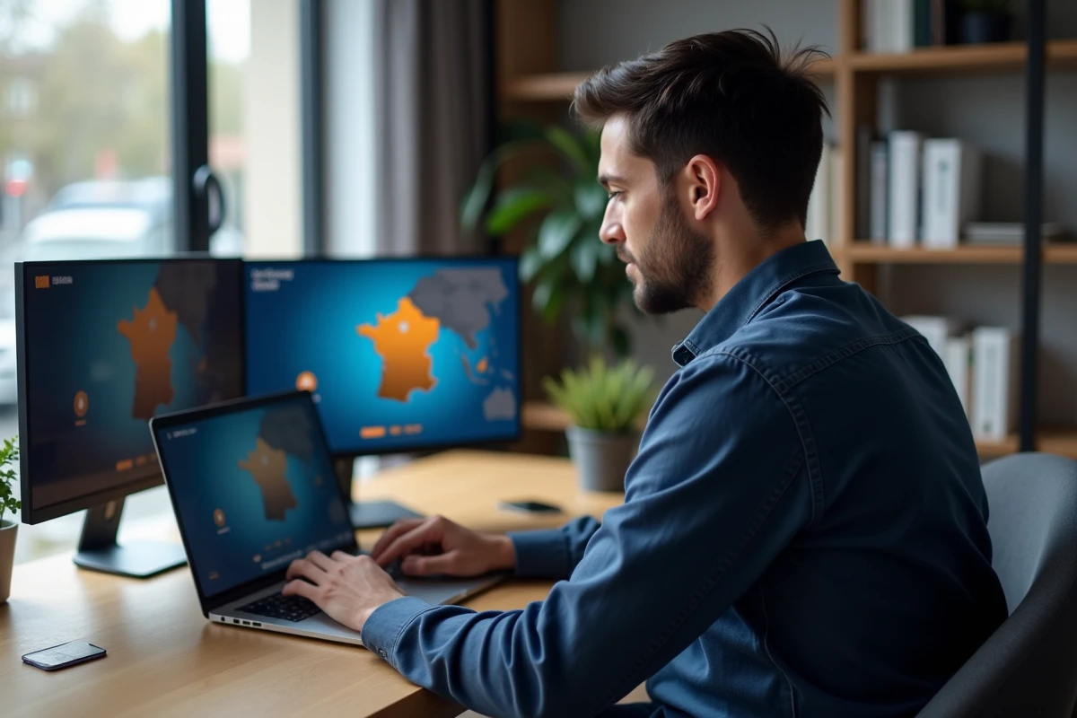 Homme utilisant un VPN sur son ordinateur portable pour accéder à Moovbob sans restrictions géographiques depuis son bureau à domicile en France