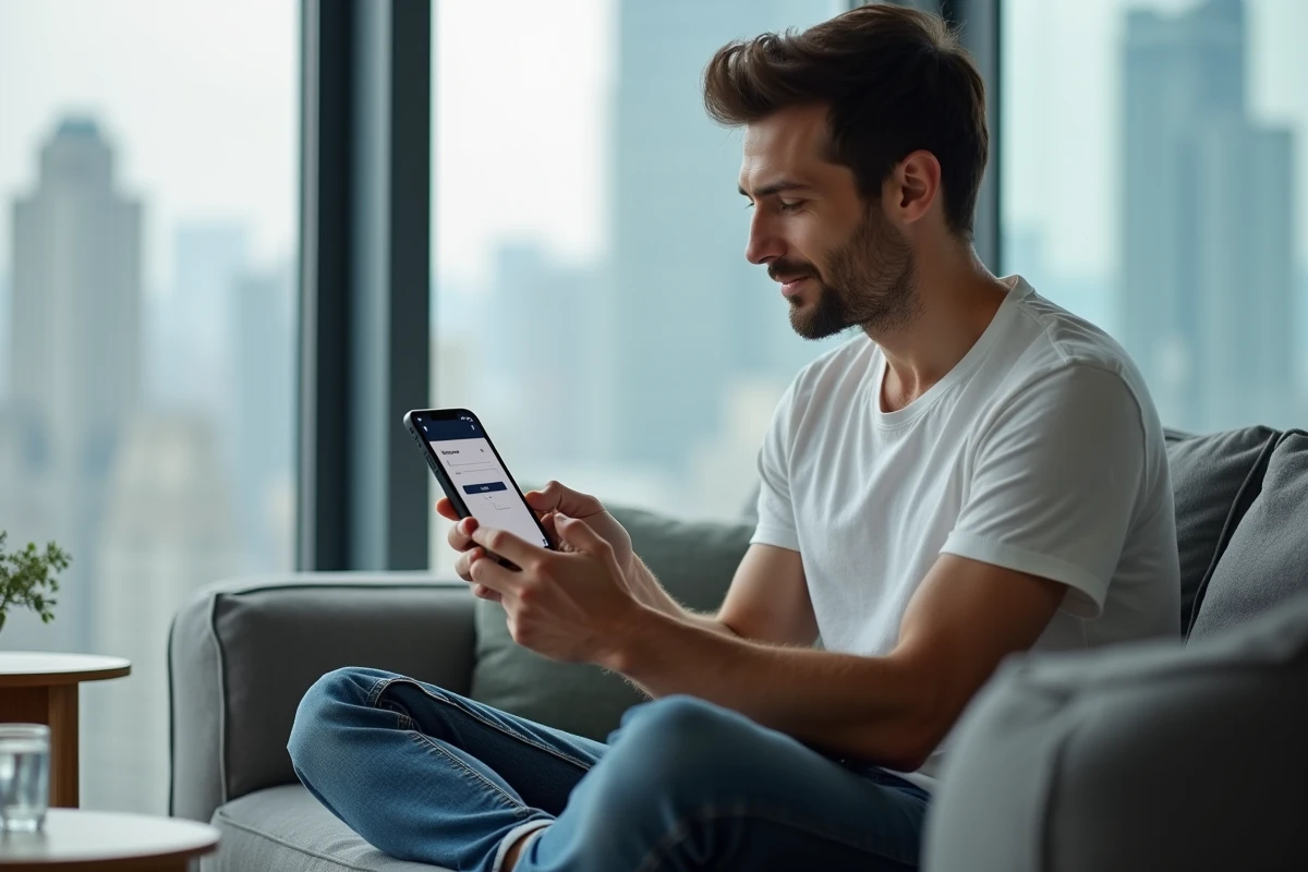 Jeune homme tentant de récupérer son identifiant La Banque Postale via l'application mobile sur smartphone