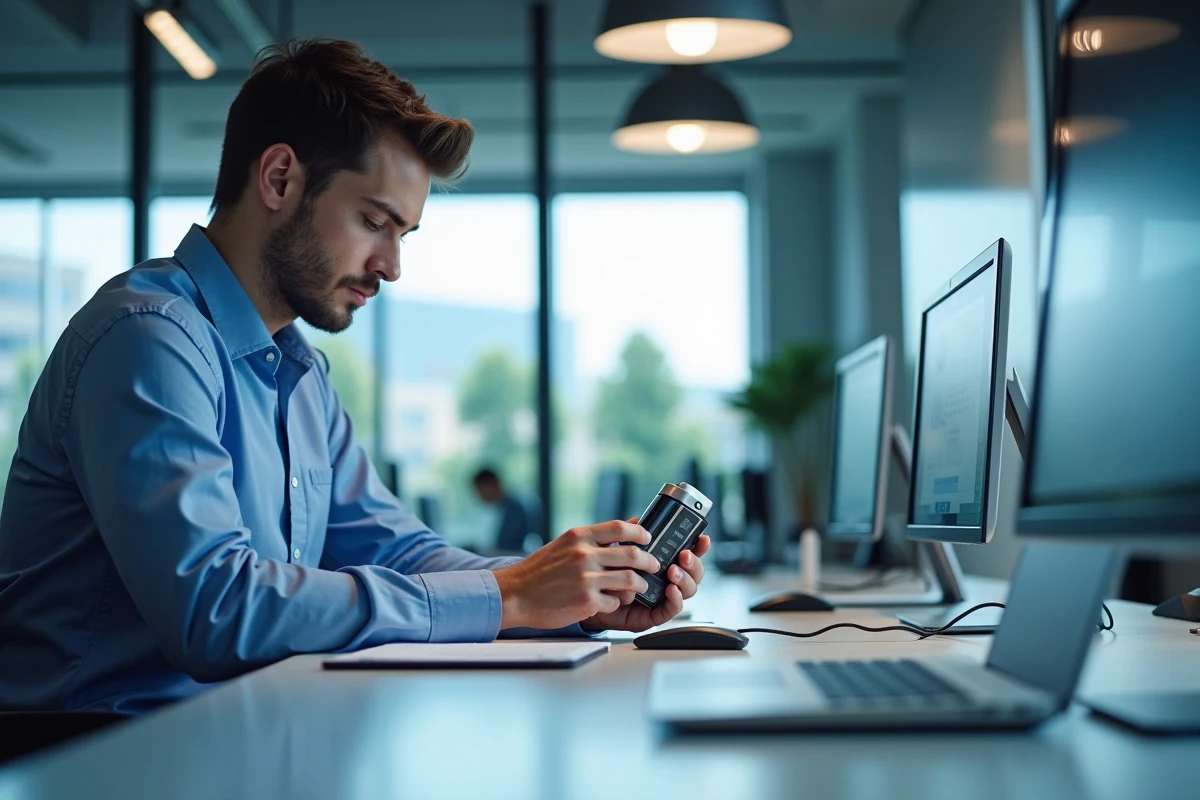 Jeune ingénieur biomédical testant un appareil portable