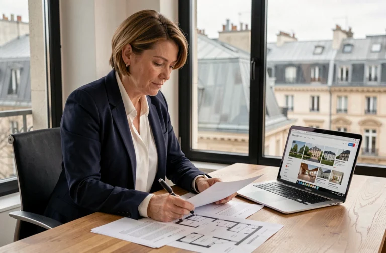Investisseuse immobilière analysant des documents de propriété dans un bureau parisien moderne avec vue sur les toits haussmanniens