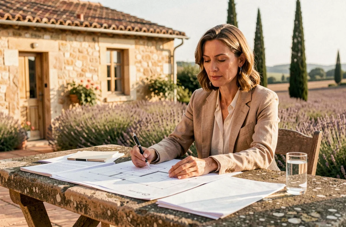 Femme investissant dans l'immobilier en Provence, consultant des plans architecturaux sur une terrasse en pierre entourée de champs de lavande