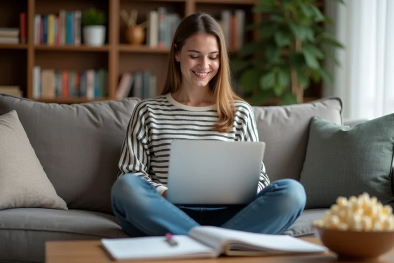 Jeune femme souriante dans un salon cosy avec ordinateur