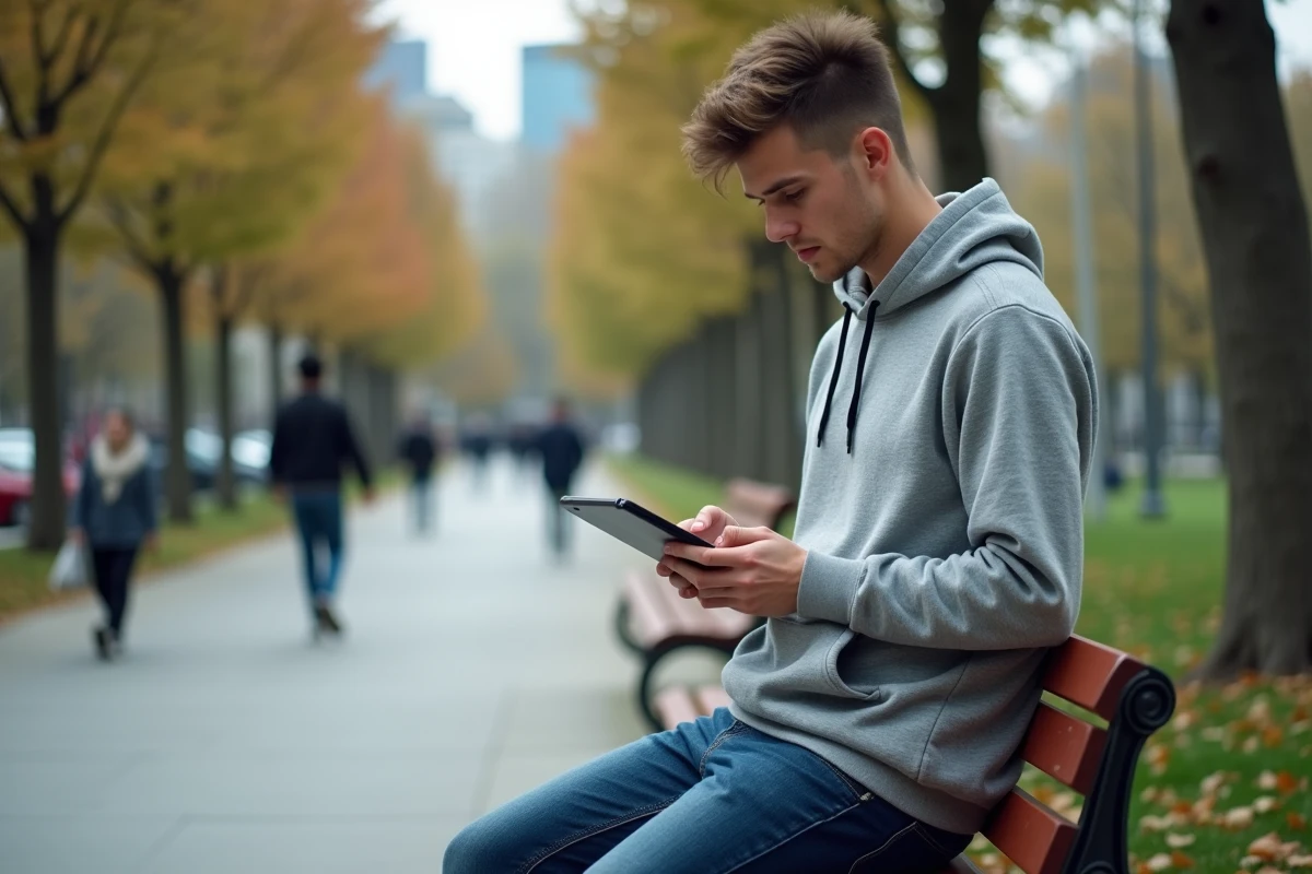 Jeune homme dans un parc urbain utilisant une tablette sécurisée