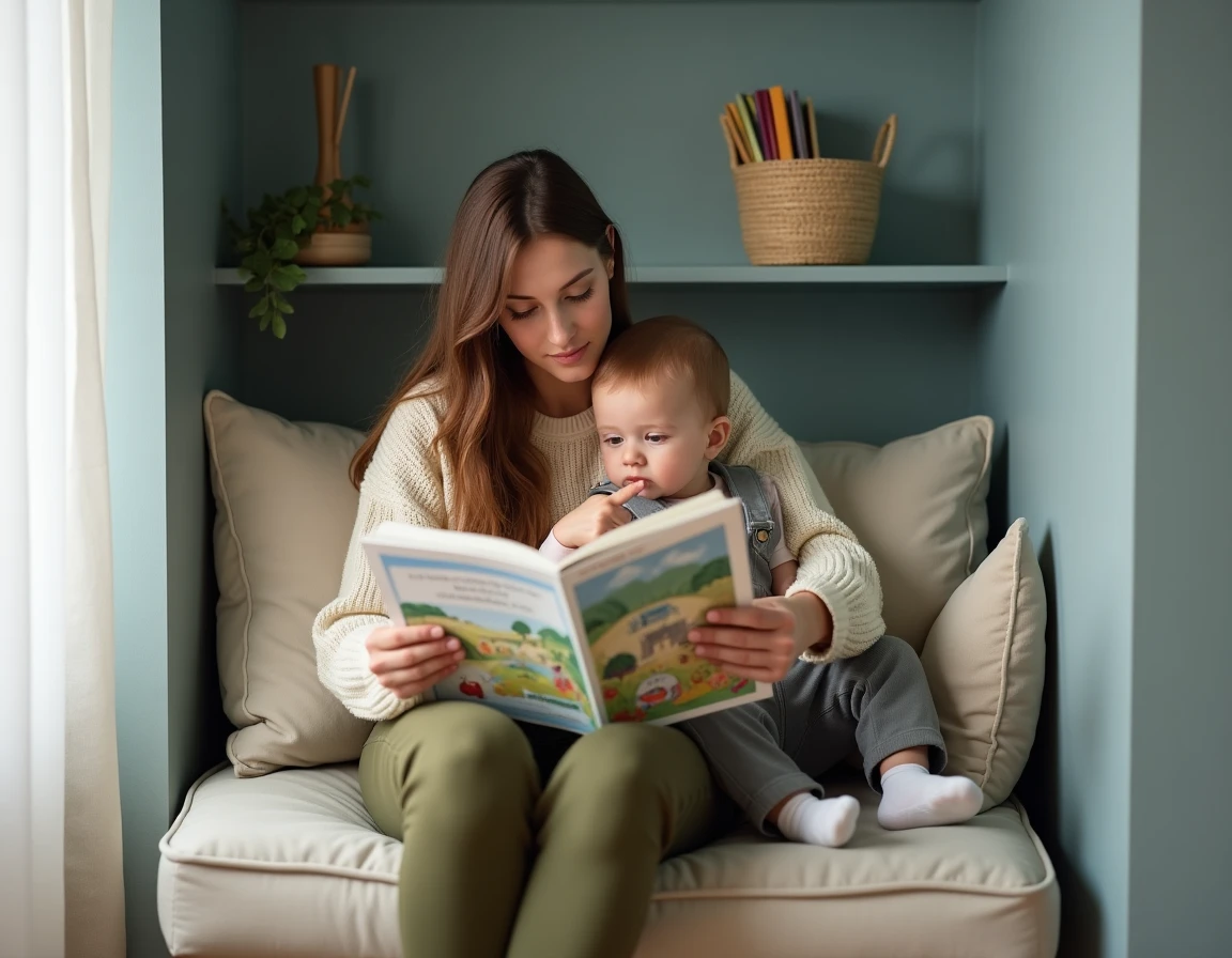 Jeune mère lisant un livre illustré à son enfant dans un coin lecture douillet, moment de partage culturel favorisant l'éveil au langage