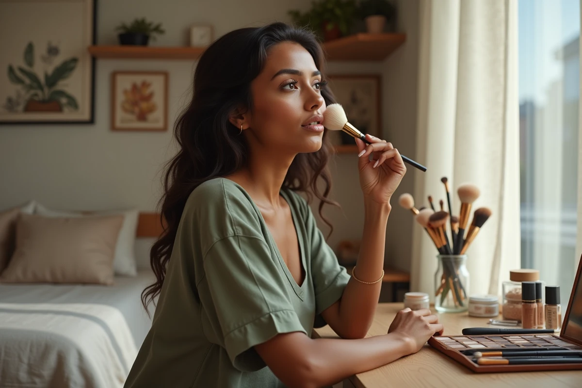 Femme appliquant un enlumineur avec un pinceau devant une coiffeuse en bois avec accessoires de maquillage, conseil beauté Miss Marion