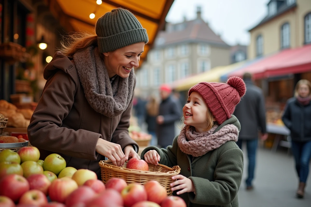 Mère et enfant souriant au marché avec produits frais à Nantes