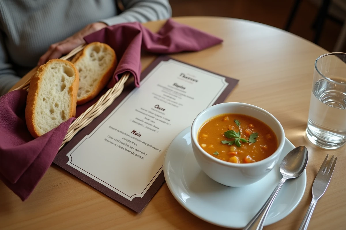 Menu de restaurant senior Domitys présenté sur table avec entrée soupe et couverts pour un repas complet