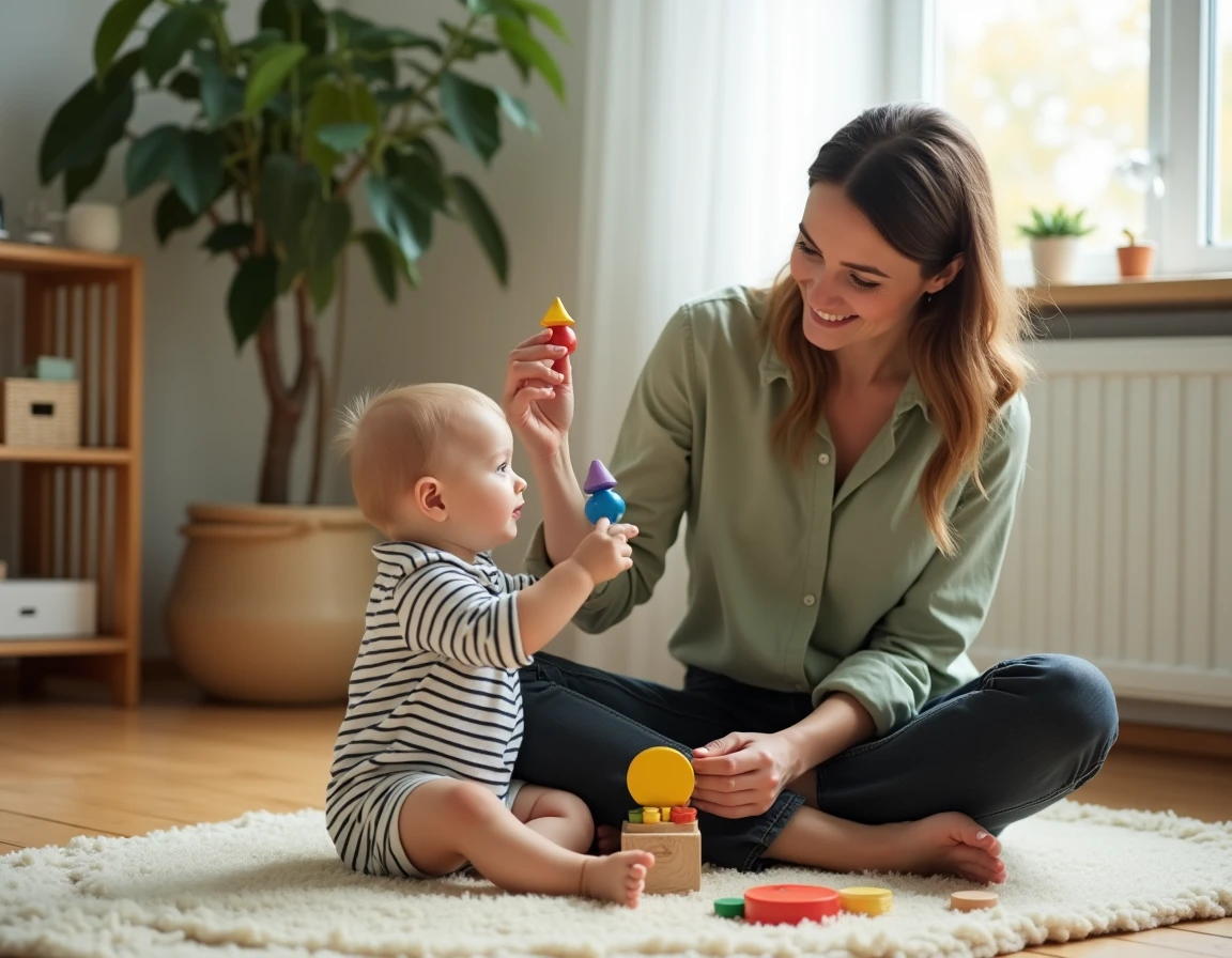 Mère et tout-petit jouant avec des jouets éducatifs en bois sur le sol d'un salon scandinave, favorisant l'éveil et la motricité fine