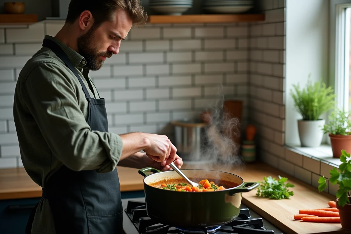Homme faisant mijoter un ragoût de légumes dans une cocotte en fonte émaillée sur une cuisinière à gaz dans une cuisine moderne