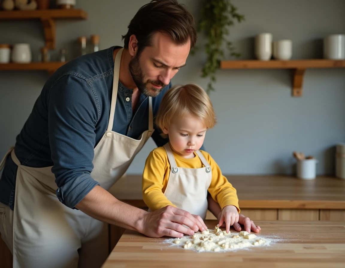 Père et enfant en bas âge faisant de la pâte à modeler ensemble dans une cuisine rustique, activité créative pour stimuler l'éveil sensoriel