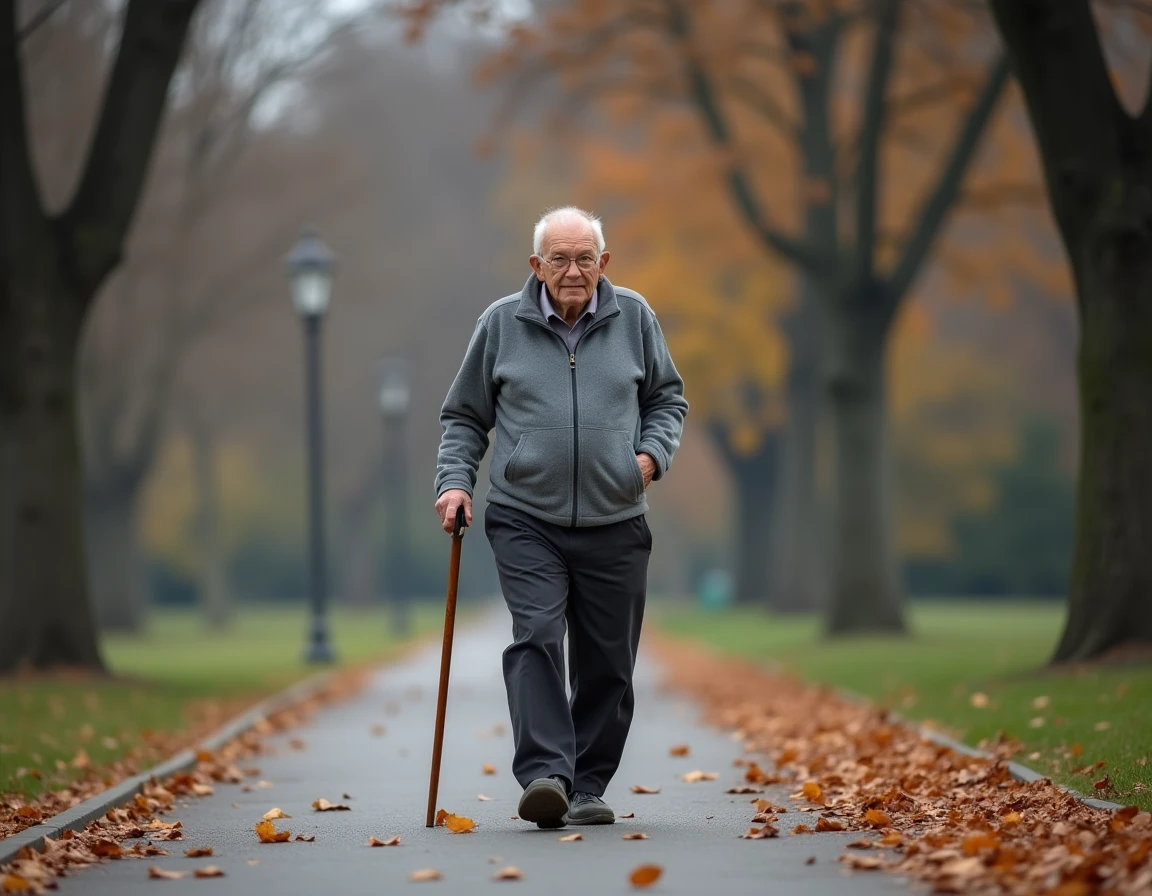 Un homme âgé marchant avec une canne dans un parc en automne, illustrant la mobilité réduite liée à la leucopathie vasculaire