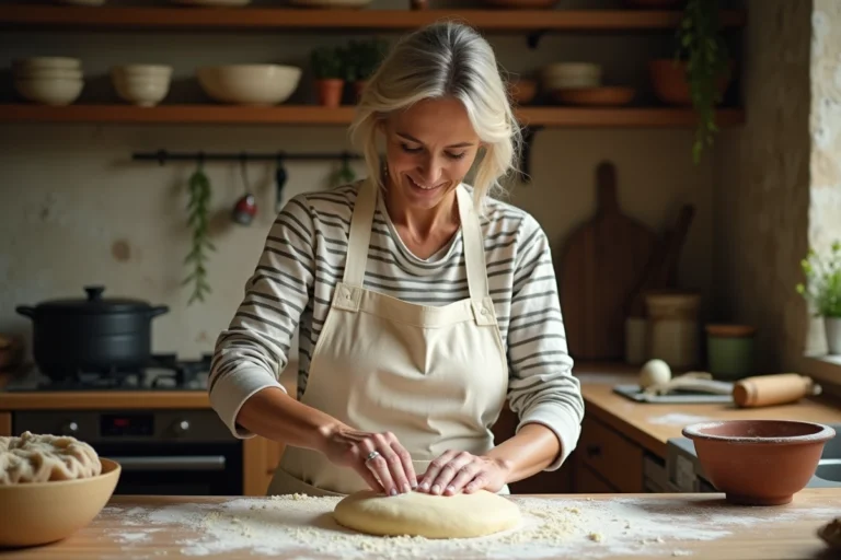 Femme préparant des pâtes fraîches maison sur un plan de travail en bois fariné dans une cuisine chaleureuse et authentique