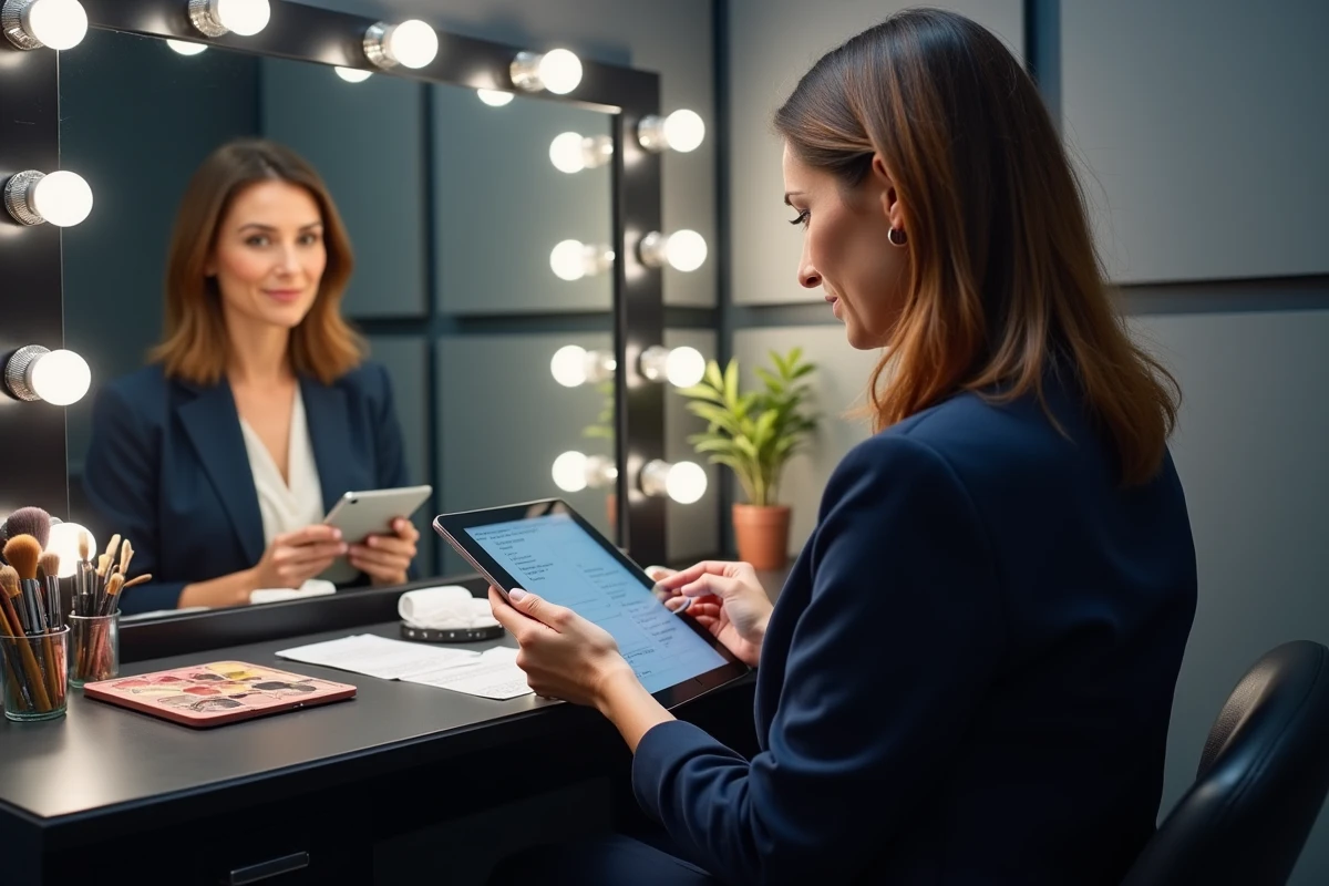 Présentatrice de télévision française en coulisses dans sa loge de maquillage, assise devant un miroir de plateau entouré d'accessoires beauté professionnels