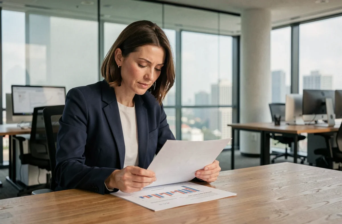 Professionnelle en blazer marine analysant des ressources financières et des graphiques sur un bureau en bois dans un bureau moderne