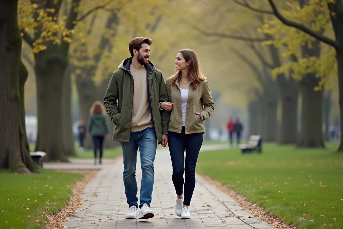 Couple marchant main dans la main dans un parc en été