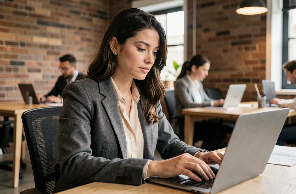 Jeune femme consultant son portfolio sur un ordinateur portable dans un espace de co-working pour trouver un emploi dans l'animation
