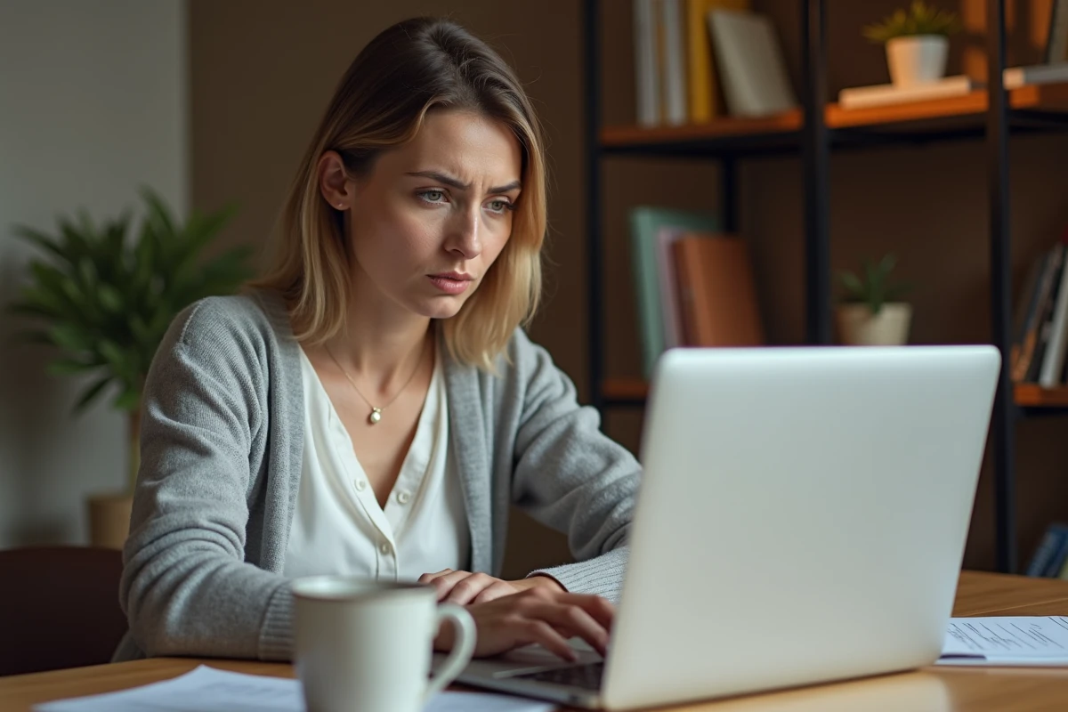 Femme cherchant à récupérer son identifiant La Banque Postale sur son ordinateur portable à la maison