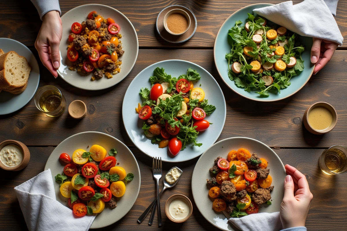 Vue aérienne d'un repas maison convivial sur une table en bois rustique avec salade colorée, légumes rôtis et pain artisanal