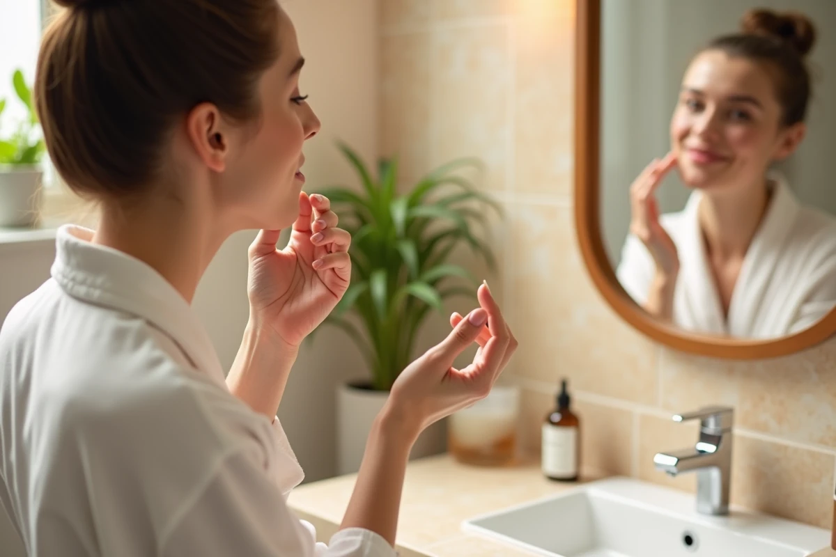 Jeune femme appliquant un sérum sur son visage devant un miroir dans une salle de bain en marbre, routine beauté quotidienne