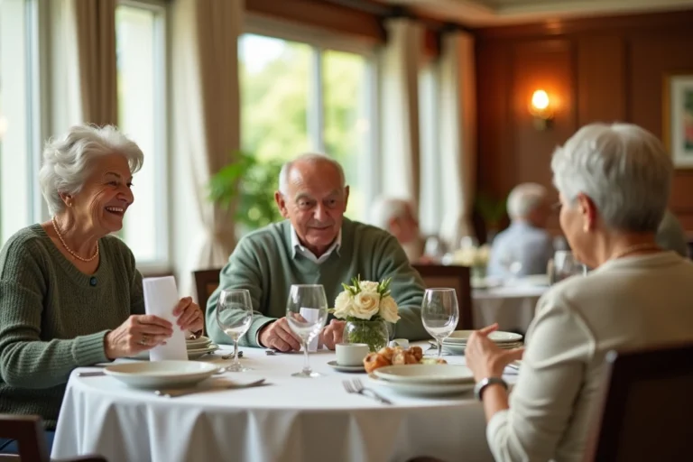 Groupe de seniors déjeunant dans la salle à manger élégante d'une résidence Domitys avec menu et couverts soignés