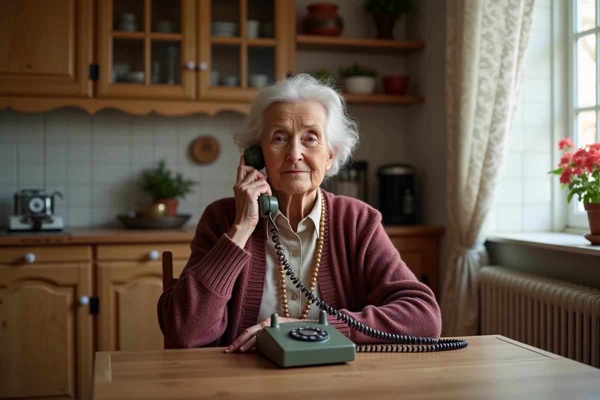 Senior femme âgée utilisant un téléphone fixe à touches dans une cuisine traditionnelle française