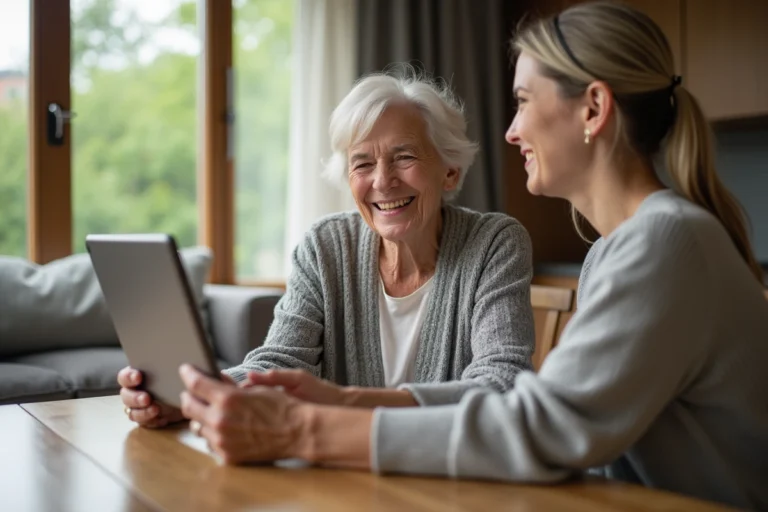 Senioreuse souriante utilisant une tablette avec une aidante