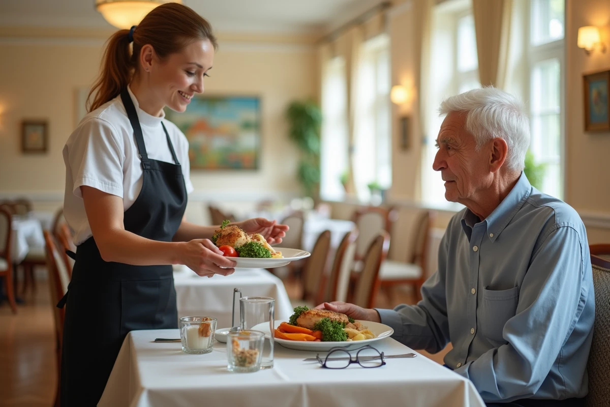 Serveuse servant un repas équilibré à un senior dans le restaurant d'une résidence avec menu du jour affiché