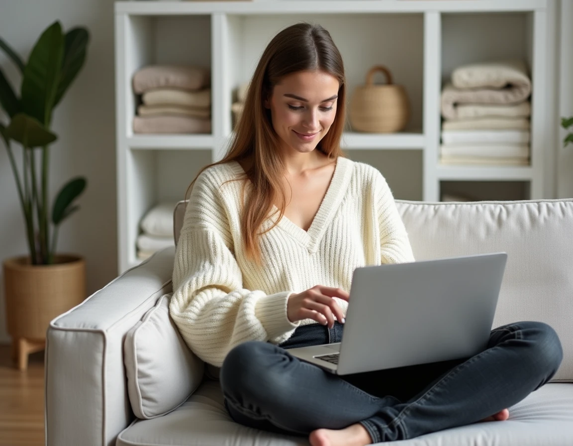 Jeune femme parcourant des tendances mode sur son ordinateur portable lors d'une session de shopping en ligne depuis son salon moderne