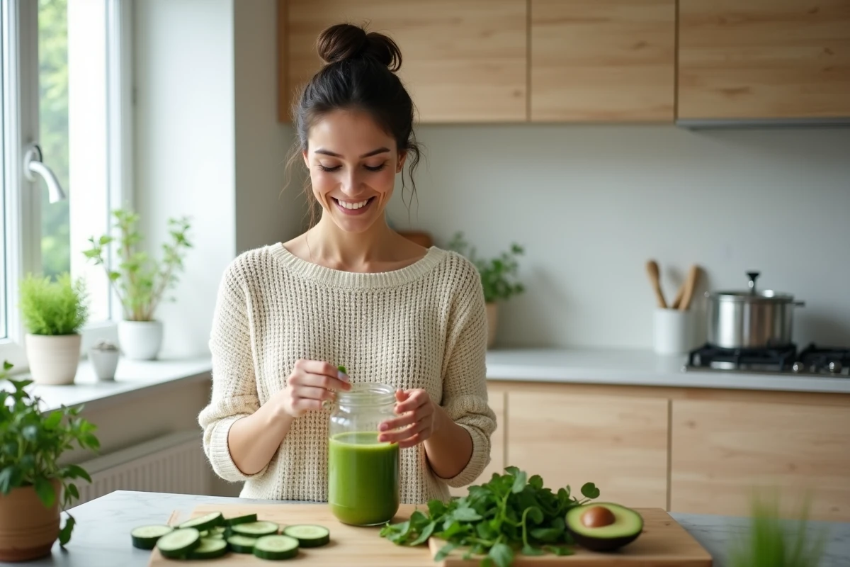 Femme préparant un smoothie vert dans une cuisine scandinave, beauté naturelle et routine bien-être quotidienne inspirée par Miss Marion