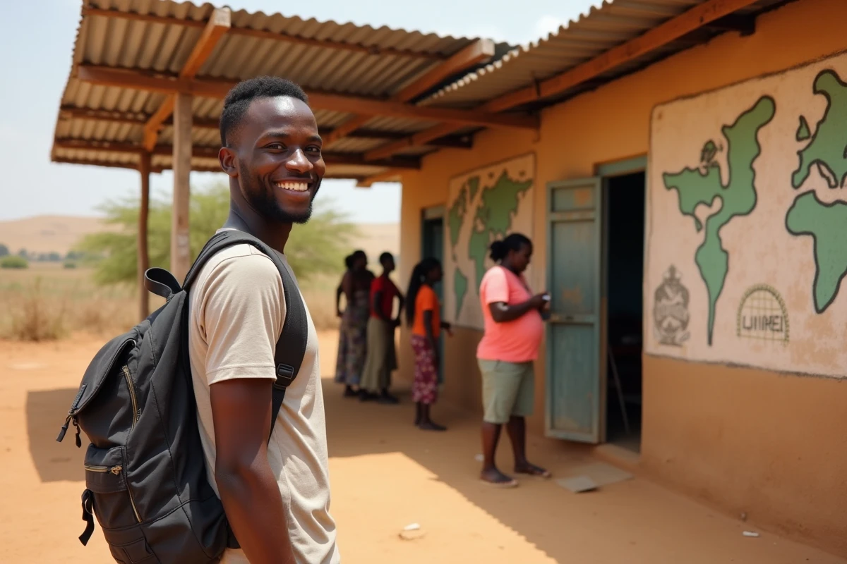 Voyageur responsable devant une école communautaire en milieu rural au Sénégal lors d'un séjour solidaire