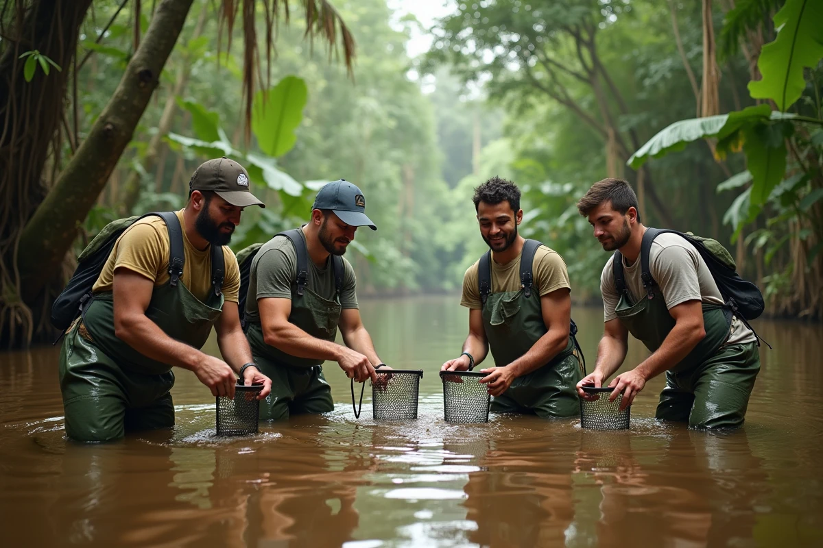 Groupe de volontaires relâchant des poissons dans l'Amazonie péruvienne dans le cadre d'un voyage écologique solidaire