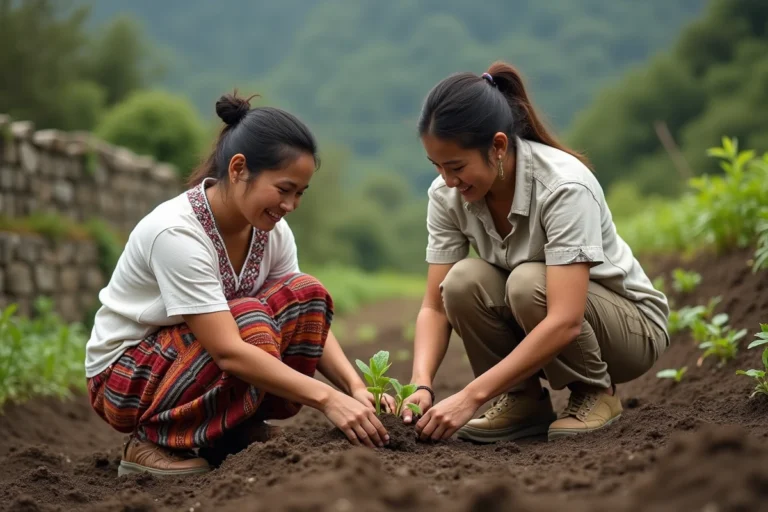 Voyageuse solidaire plantant des semis aux côtés d'une femme locale au Guatemala lors d'un séjour de tourisme responsable