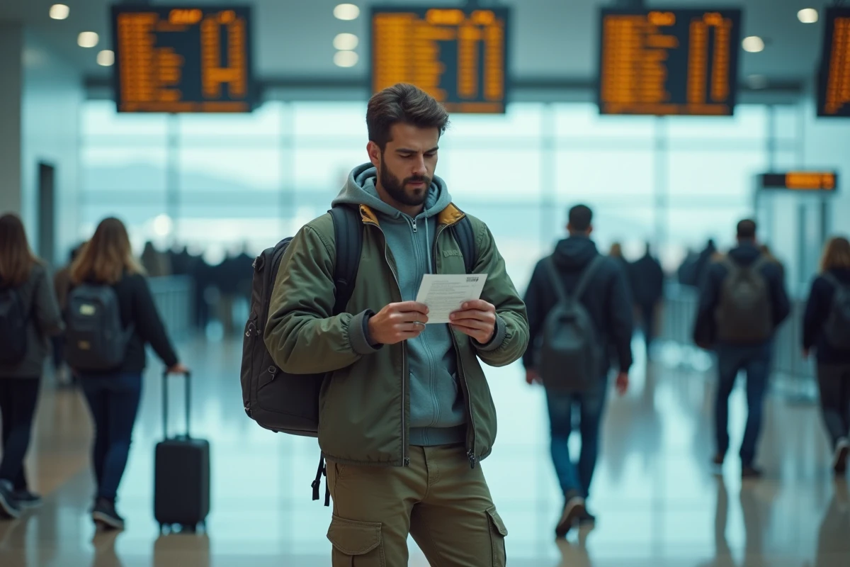 Voyageur avec sac à dos dans un terminal d'aéroport international consultant sa carte d'embarquement